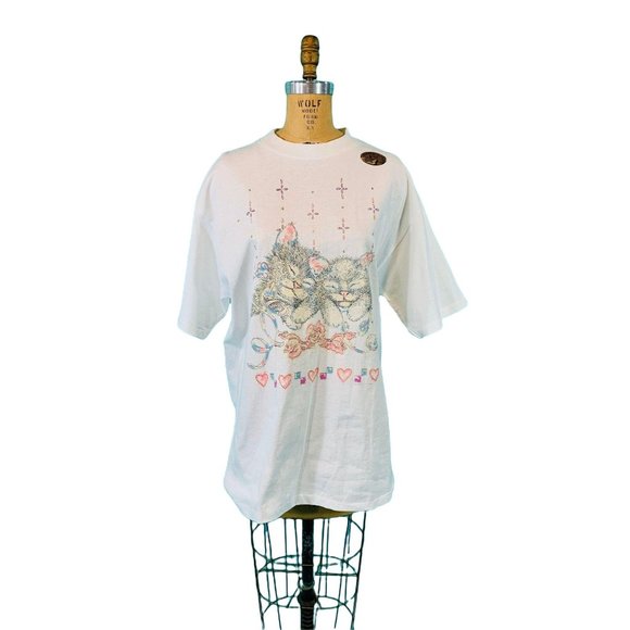 Vintage 90s Kitten Tee Womens XL DEADSTOCK Diamond Dust Graphic T Shirt - Picture 2 of 10
